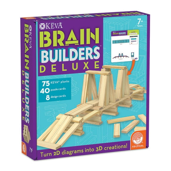 MindWare Keva Brain Builders Deluxe: STEM Building Toy Includes 75 KEVA Planks; 40 Puzzle Cards; 8 Design Cards; 3D Building Skills for Kids - Ages 7+
