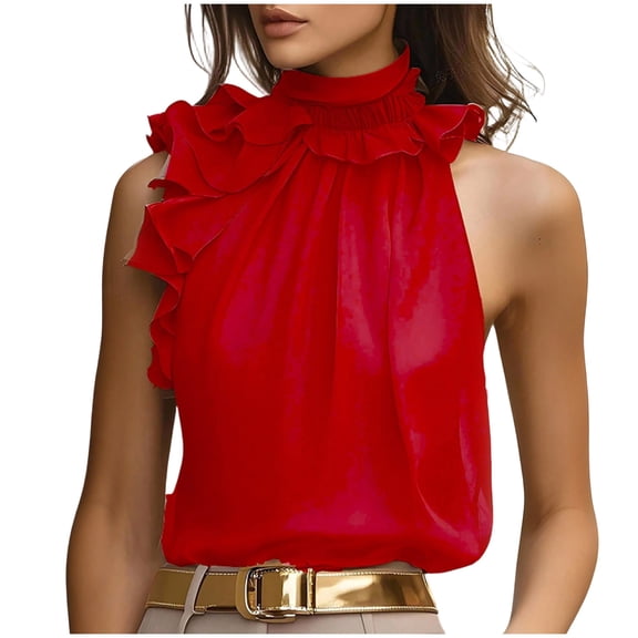 Women's Sleeveless Tank Tops Ruffle Mock Neck Summer Work Shirts Elegant Blouses Dressy Casual