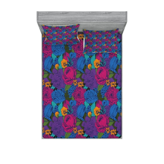 Ambesonne Floral Fitted Sheet & Pillow Sham Set, Vintage Bouquet Art, Full, Multicolor