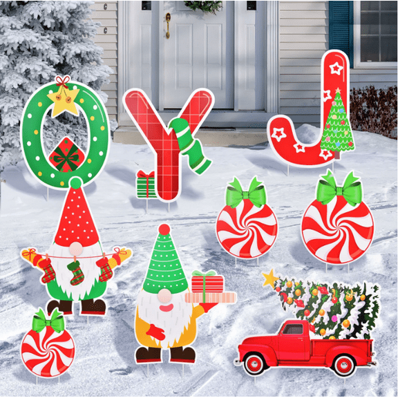 Nest Outdoor Christmas Decorations, 9 Pcs Large Joy Yard Xmas Lawn Decorations Signs with Stakes, Gnome, Candy, Red Truck Car, Holiday Outdoor Sign Winter Decorations for Lawn Patio Garden