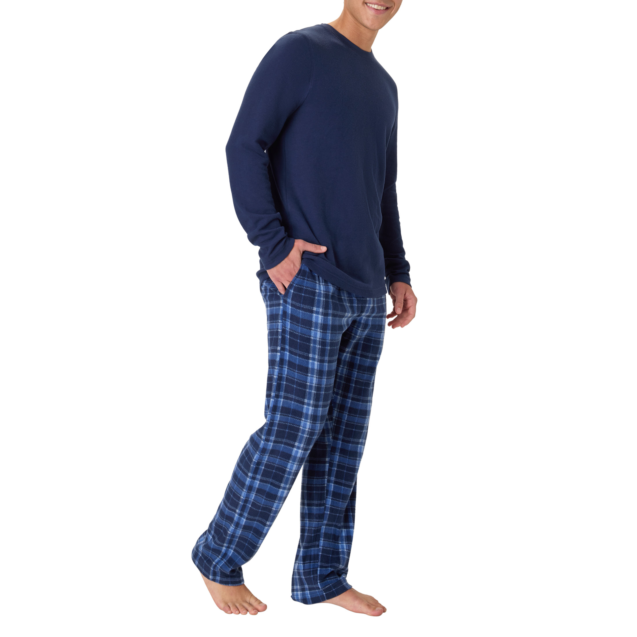 Hanes Men's Micro Fleece Sleep Set, Thermal Top with Plaid Printed Pajama Pants, Blue