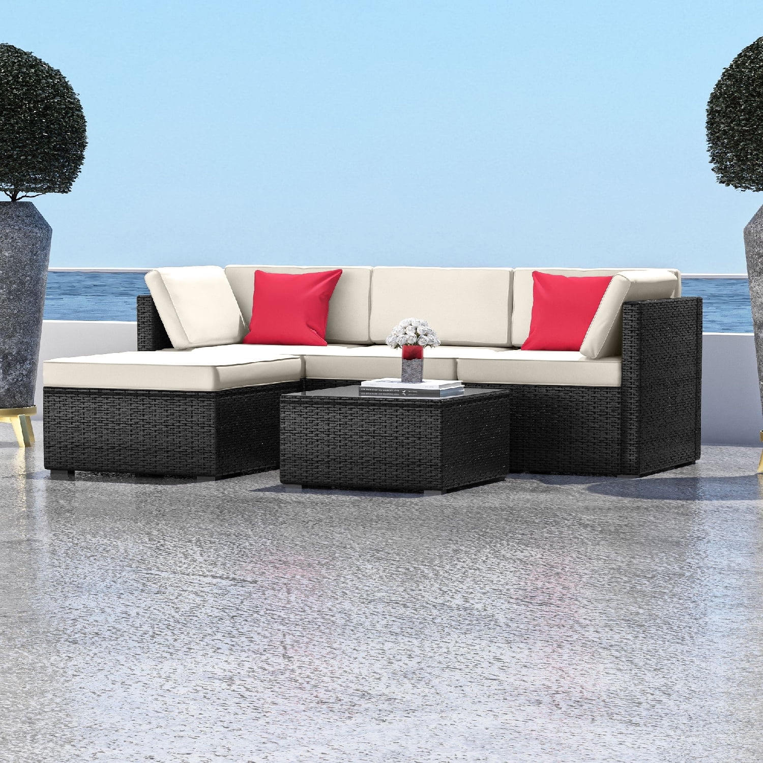 Hearth & Harbor 5-Piece Outdoor Furniture Sets, Wicker Sectional Patio Set, Black/Off White