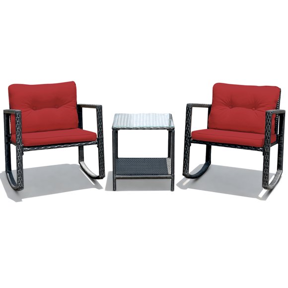 Patiojoy Ensemble de 3 Pcs pour Patio en Rotin Osier Chaise Table Mobilier en Rotin Osier Rouge