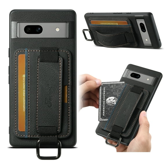 For Google Pixel 8 Pro Wallet Case, Card Holder Kickstand Phone Case for Women, Premium Leather Purse with Wrist Strap, Ring Holder Cover Credit Card Slot Cover for Google Pixel 8 Pro,Black