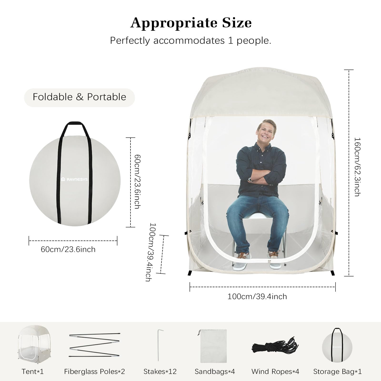 Sports Tent for 1 Person, Portable & Foldable Pop Up Tents Shelter with Carry Bag, Instant Weather Proof Clear View Bubble Tent for Watching Sports Events, Fishing, Camping, Beige