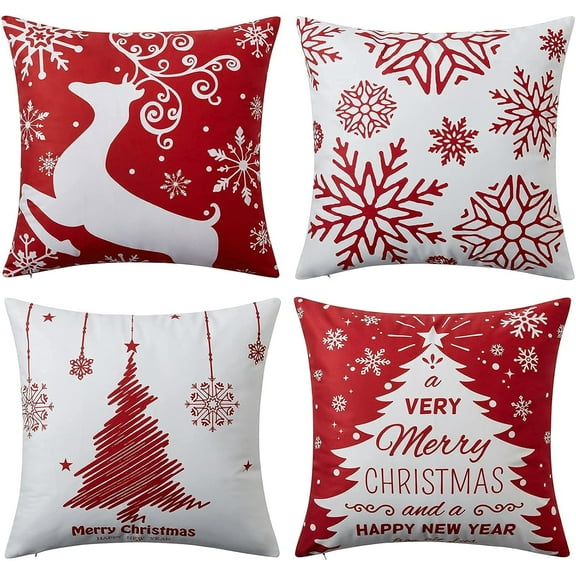 White and Red Christmas Throw Pillow Covers 18x18 Set of 4 Merry Christmas Winter Xmas Tree Snowflake Deer Decorative Holiday Cushion Pillow Cases 18 x 18 for Indoor Farmhouse Home Room Couch Decor
