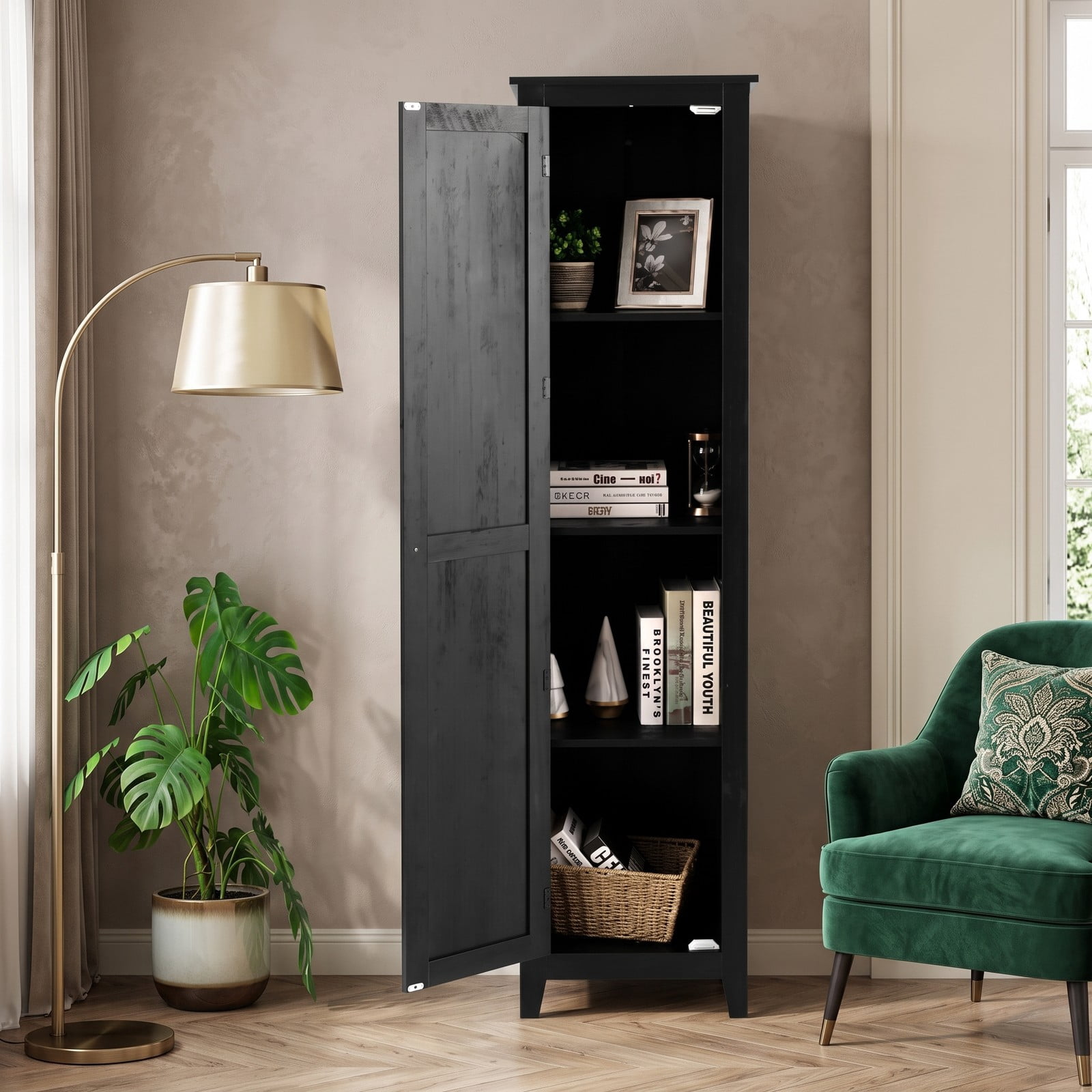 Fenbeli Linen Tower Bathroom Storage Cabinet, Tall Slim Freestanding Floor Organizer with 4 Shelves, Anti-Tip Side Storage Cabinet with Door and Magnetic, Black