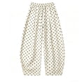 thumbnail image 5 of Women's Boho Polka Dot Trousers Summer Cotton Linen Elastic Waist Barrel Pants Loose Fit Casual Beach Pants White XL, 5 of 6