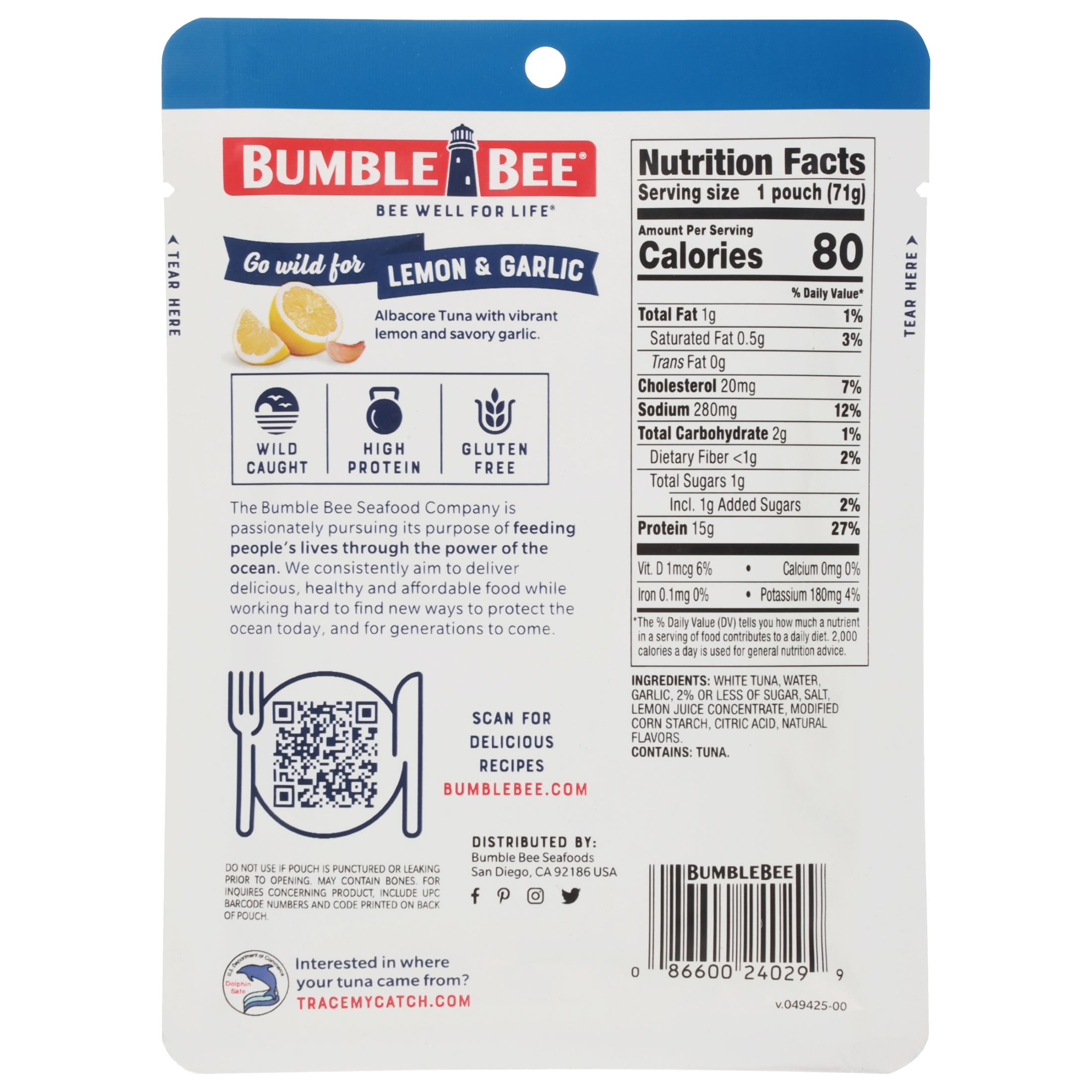 (12 pack) Bumble Bee Lemon & Garlic Seasoned Albacore Tuna in Water, Ready to Eat, 2.5 oz Pouch