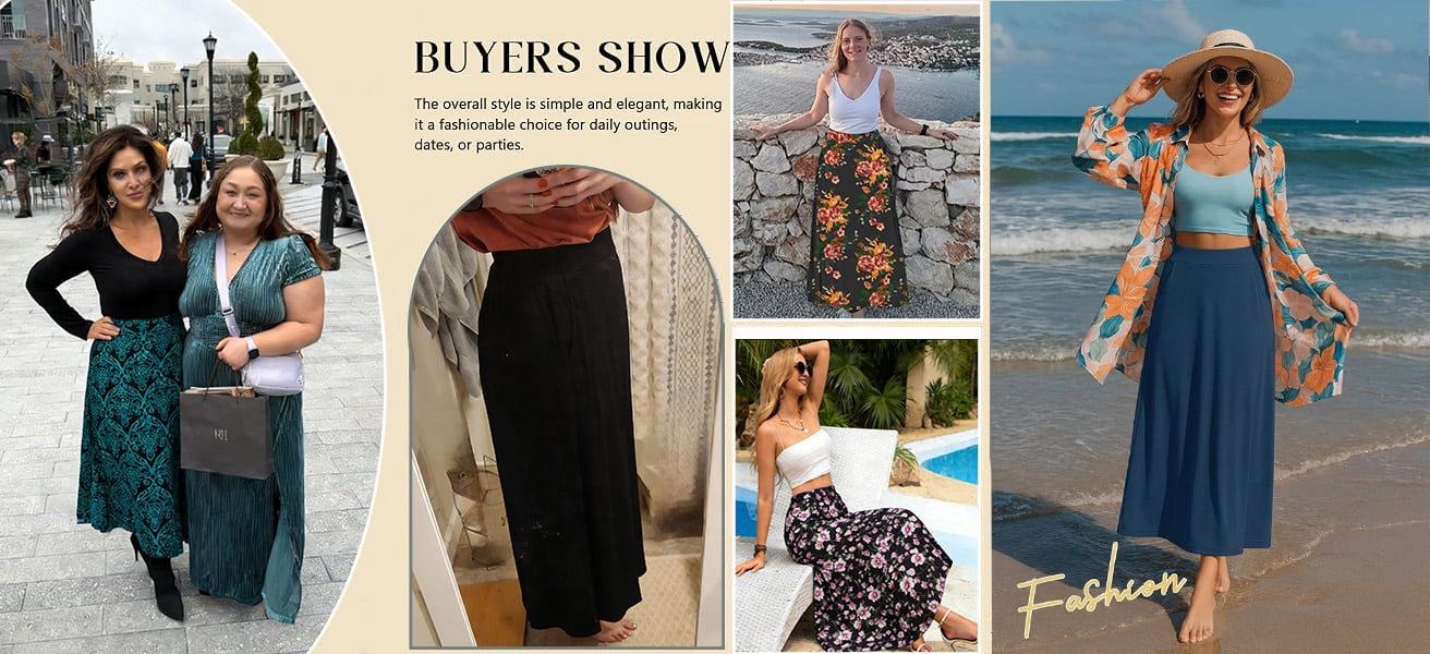 Fantaslook Long Skirts for women Boho Casual Maxi Skirt Trendy Elastic Waist Flowy Skirts with Pockets