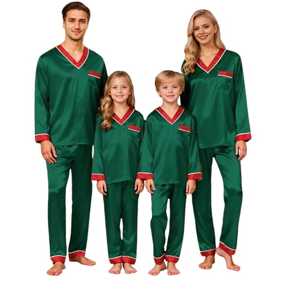 Matching Christmas Pajamas Silk Christmas Pjs Long Sleeve Pullover Sleepwaear Holiday Top and Pants 2 Piece Set Matching Xmas Pjs for Family