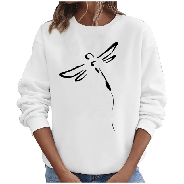 Penkiiy Blouses pour Femmes Hauts d'Automne Manches Longues Chandail Ample Chemise Décontractée Imprimé Poitrine Col Rond Chandails en Molleton Blanc Vêtements Y2K