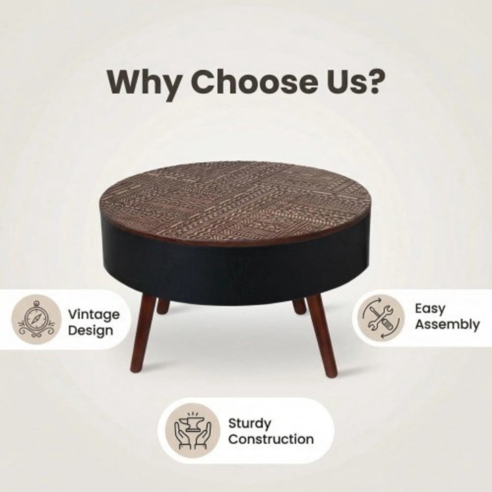 31.5" Round Coffee Table with Storage, Carved Wooden Tabletop, Mid-Century Modern Accent Table with Solid Wood Legs for Living Room, Apartment, Office, Brown & Black