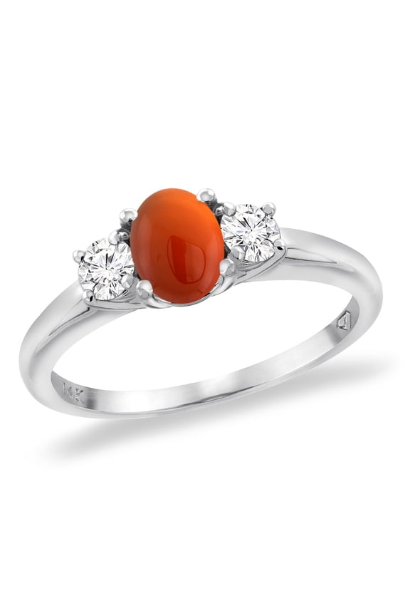 14K White Gold Natural Brown Agate Engagement Ring Diamond Accents Oval 7x5 mm, size 7.5