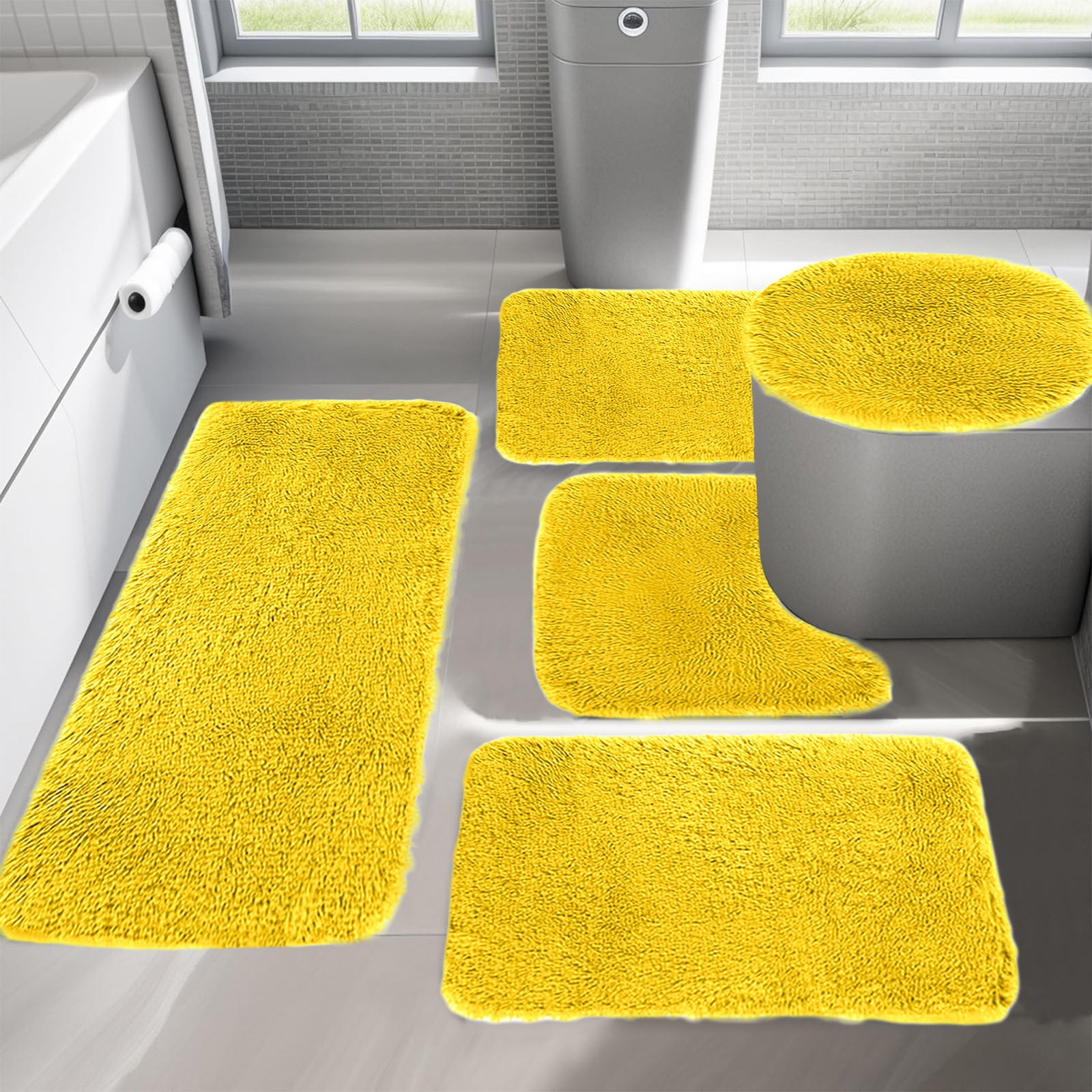 Solid Color Bath Mat 5-Piece Set, Non-Slip Water Absorbent Bathroom Rugs, Soft & Comfortable, Machine Washable for Home & Restroom Use