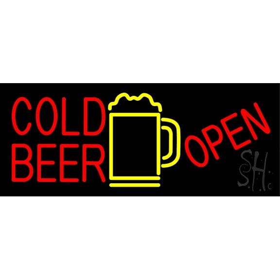 Red Cold Beer With Yellow Mug Open LED Neon Sign 13 x 32 - inches, Clear Edge Cut Acrylic Backing, with Dimmer - Bright and Premium built indoor LED Neon Sign for Bar decor.