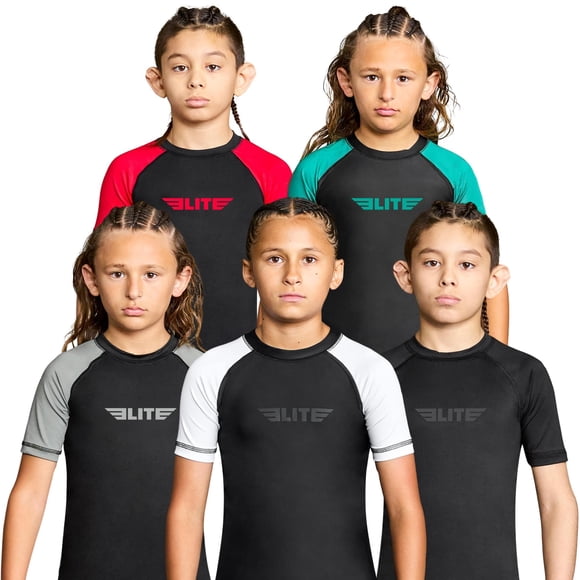 Elite Sports Kids Jiu Jitsu Bjj Rash Guard Short Half Sleeve Compression Shirt For Youth Boys Girls Sports Nogi Training Grey