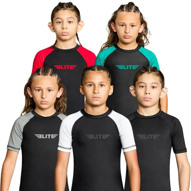 Elite Sports Rash Guards pour Garçons et Filles, Manches Courtes Compression BJJ Enfants et Jeunes Maillot Dermoprotecteur (Gris, Large)
