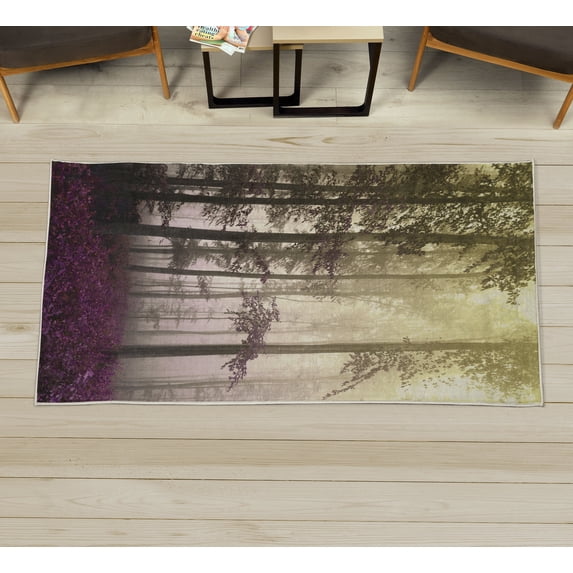Forest Decorative Rug, Autumn Season Mystic Foggy Fall Nature and Enchanted Woods Wild Trees Print, Quality Carpet for Bedroom Dorm and Living Room, 6 Sizes, Pale Yellow, by Ambesonne