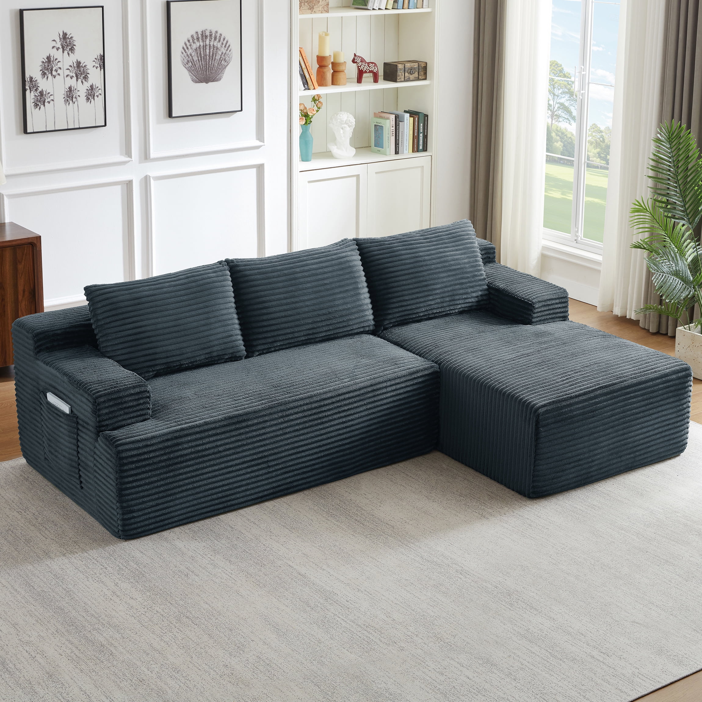 Vanress 96 Inch Modular Sectional Couches for Living Room, Modern Boneless Sofa, Upholstered Deep Seat Cloud Couch, Corduroy Comfy L-Shape Sofas Couches, No Assembly, Dark Grey (Right Facing Chaise)