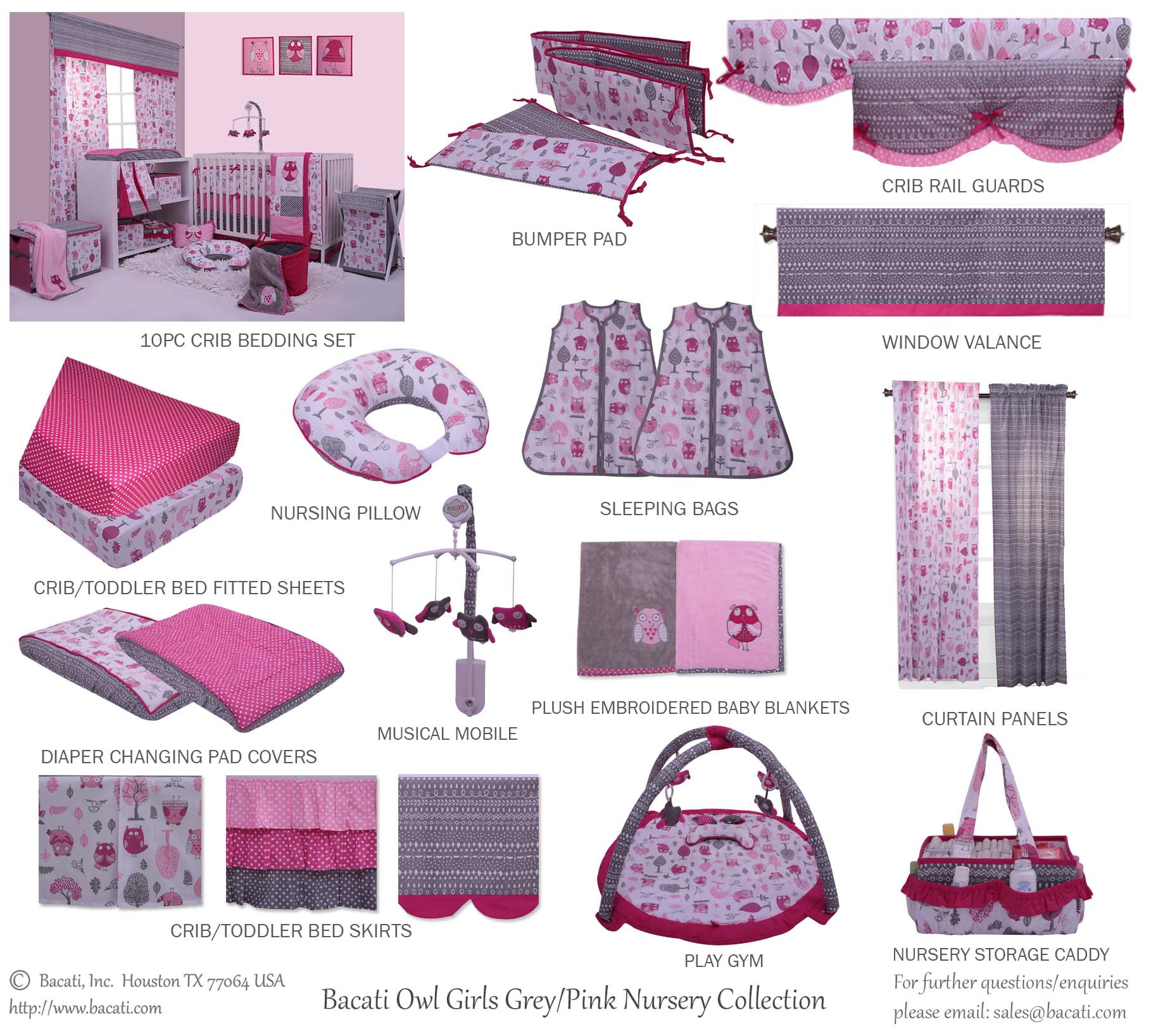 Bacati - Large Storage Tote Owls in the Woods Pink/Grey