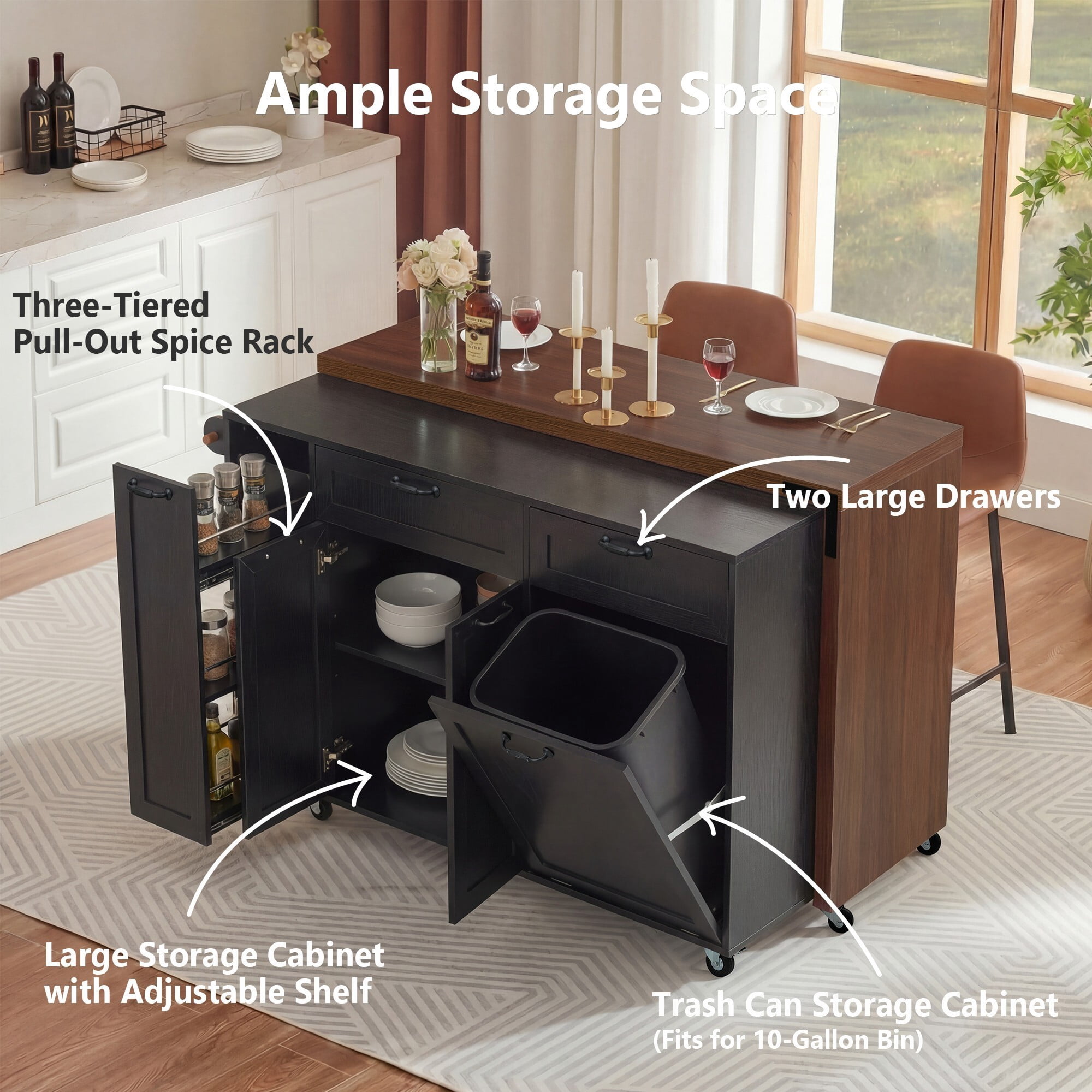 AENKYO 102" Kitchen Island w/ Swivel Extendable Table, Rolling Cart w/ Tilt-out Trash Cabinet & Spice Rack, Black