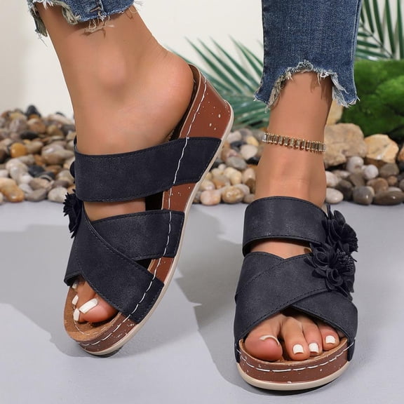 Bxsruta Crisscross Flower Wedge Sandals, Thick Sole Summer Footwear with Non-Slip Tread for Outdoor Activities