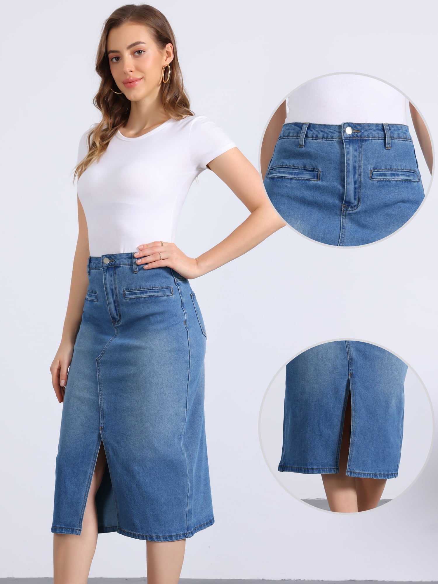 DARING DIVA Women's Slit Front Washed Jean Midi Skirts with Pockets S Blue
