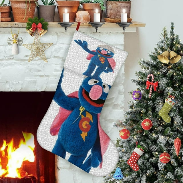 Grover Tema: Calcetines de Navidad, fino lino blanco para colgar en escaleras y chimenea, decoración navideña para el hogar, regalo de Navidad. 45cm × 32cm