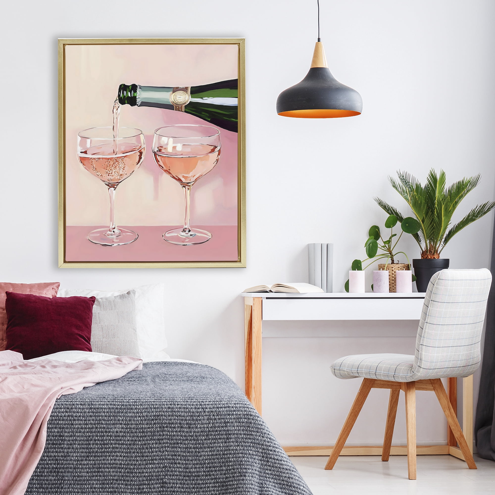 Stupell Industries Pink Champagne Toast for Two Gold Framed Floater Canvas Wall Art, design by The Prints Vibe