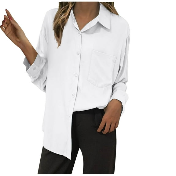 Kovlvoll Long Sleeve Shirts for Women Lapel Collared Button down Lightweight Casual Comfy Solid Color Tops with Pocket