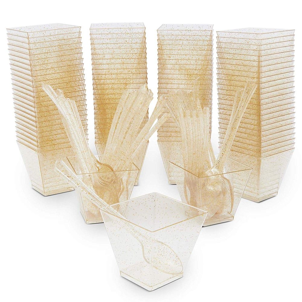 Serves 100 Gold Glitter 2 oz Square Mini Plastic Dessert Cups with Spoons, Disposable Reusable