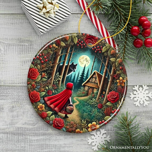 Folksy Sly Wolf and Red Riding Hood Ornament, Mystic Woodland Fantasy Holiday Decoration