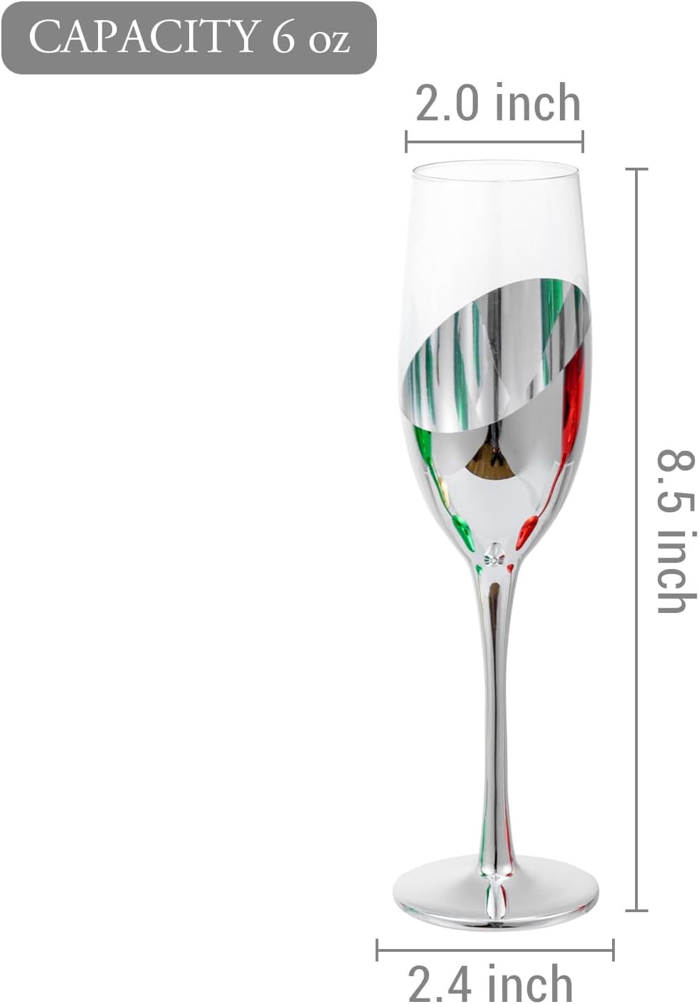 MyGift Set of 4 Multicolor Stemmed Champagne Flutes 6 oz Slanted Design Gold Silver Red Green Toasting Glasses for Holiday Parties Weddings Home Entertaining