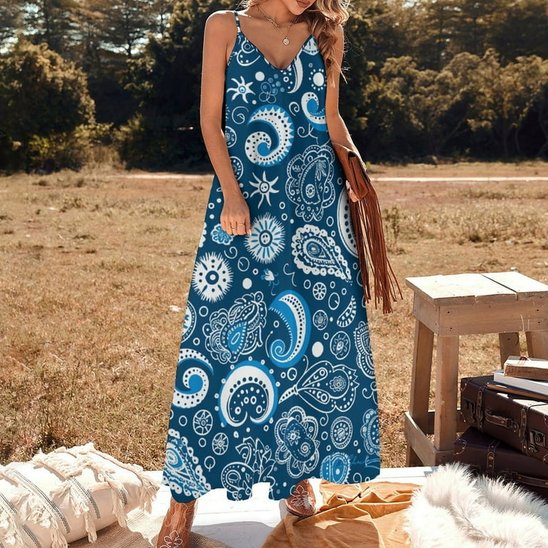 Navy Blue Paisley White Pattern Design Textile Print Design Sleeveless Dress  Woman Fashion Long Dresses Women's Summer Suit Dress 2025 - Walmart.com