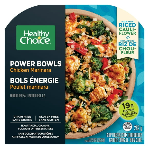 Healthy Choice Power Bowls Chicken Marinara Frozen Dinner, Chicken with Riced Cauliflower, Spinach, Broccoli, Tomatoes, Red Bell Peppers, Onions and Kale in Marinara Sauce, 17g of Protein, Frozen Dinner, 262 g