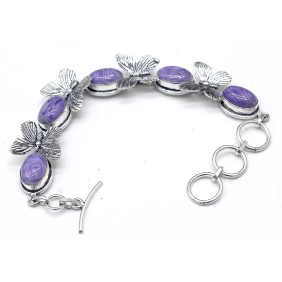Purple Charoite Gemstone 925 Sterling Silver Handmade Jewelry Bracelet Size-7-8"