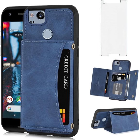 MYKOMI Phone Case for Google Pixel 2 Wallet Cover with HD Screen Protector and PU Leather Credit Card Holder Stand Rugged Slot Flip Cell Accessories Pixel2 Pixle Two G011A Women Men Blue