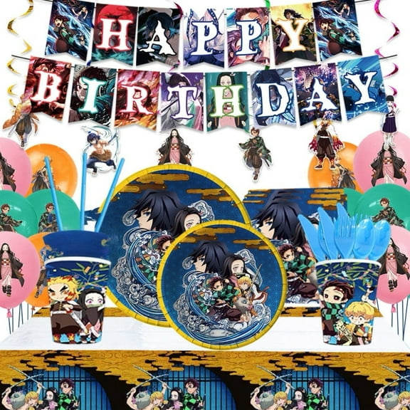 Anime birthday Party Supplies Kit - for Animation Birthday Decorations, Includes Dinner & Dessert Plates, Napkins, Cups, Banner and Tablecloth for Demon Slayer Birthday Party Decorations