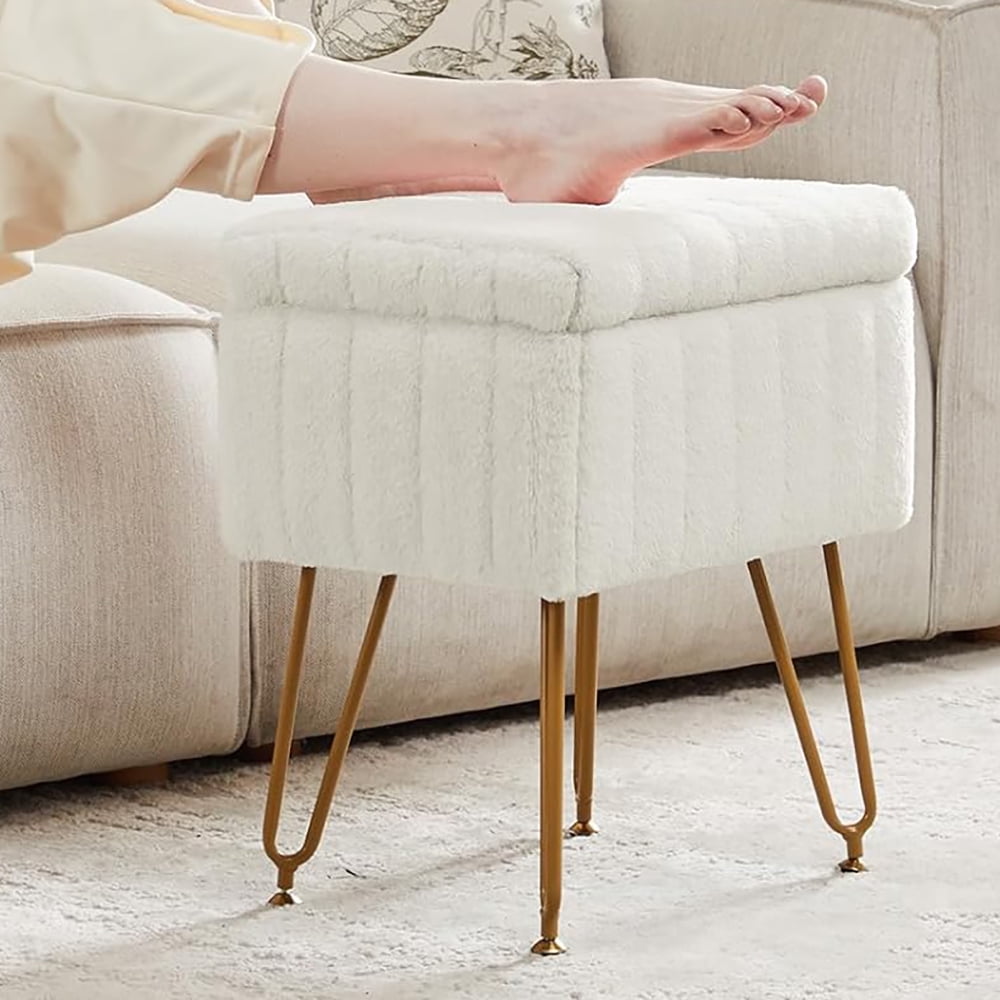 Simenmax Vanity Stool Chair with Storage, Ottoman Faux Fur Soft Padded Makeup Footstools Seat,White