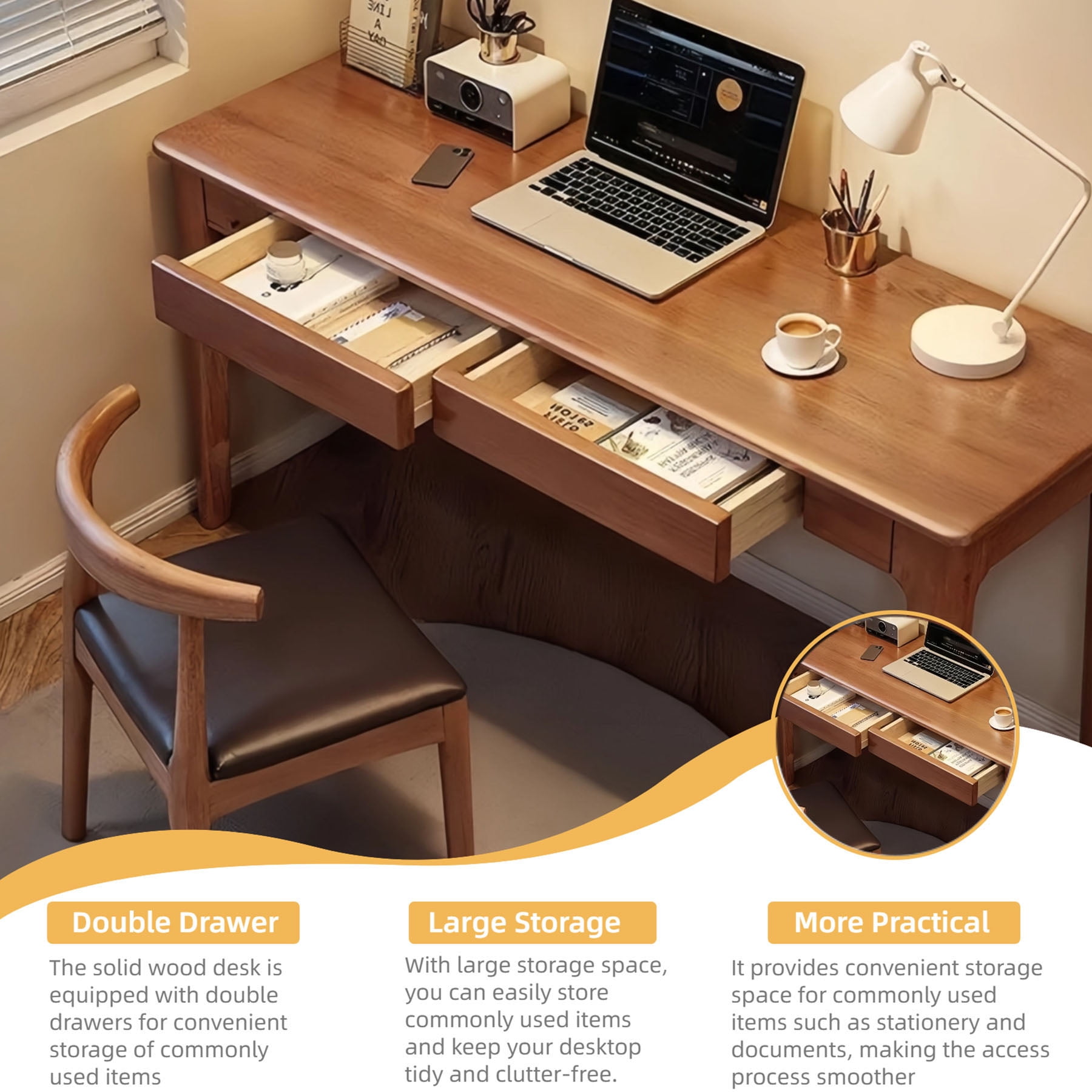 CQSXDA Solid Wood Standing Desk with Drawers in Natural Finish, Mid Century Modern Office Desk for Small Spaces