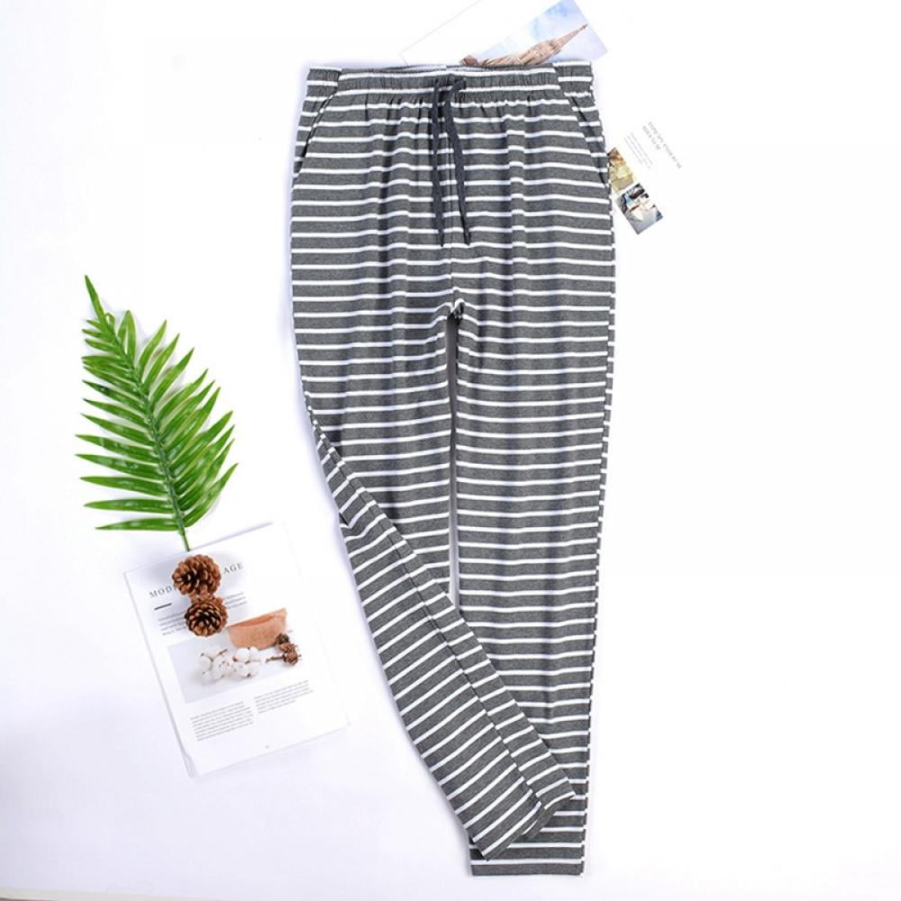 Men's Striped Solid Cotton Long Lightweight Sleep Pants with Pockets Soft Lounge Pajama Pants