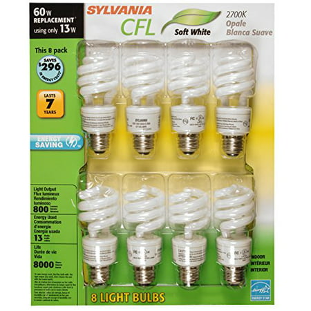 Sylvania 13W, Non-Dimmable, Brightness 850 lumens, CFL 2700K 60W Replacement Bulbs (Pack of 8, Model X28165LV) Soft (Best Dimmable Cfl Bulbs)