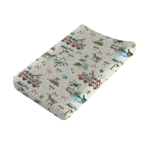 Watercolor Safari Animals Train Baby Changing Pad Covers for Boy Girl 32''x 16'' Giraffe Leopard Zebra Hippo Monkey Flamingo Fitted Changing Pad Sheets Nursery Baby Diaper Changing Table Mats