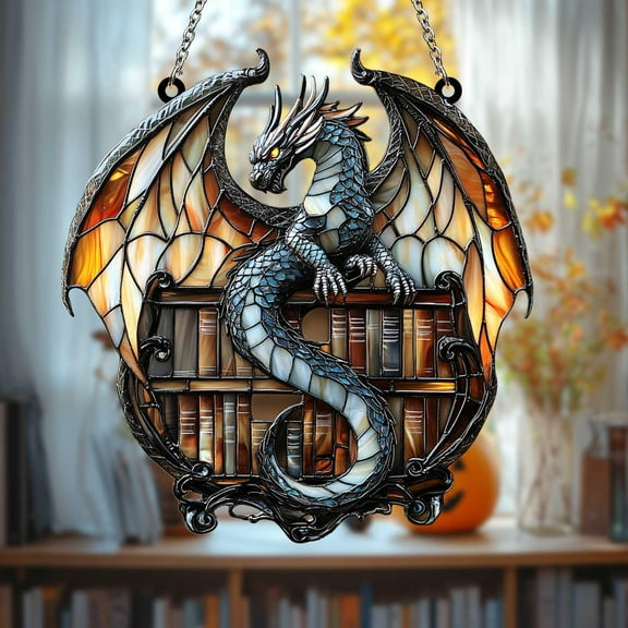 Fantasy Dragon Bookshelf Wavy Acrylic Suncatcher, Magical Faux Wavy Acrylic Reader Gift For Library Window Or Halloween Reading Nook Decor