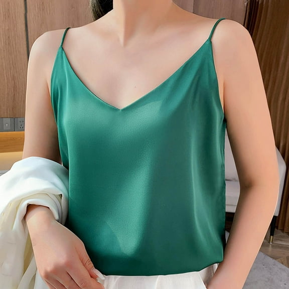 Plus Size Tank Tops for Women Satin V-neck Solid Color Tank Camisole Undershirt Army Green M