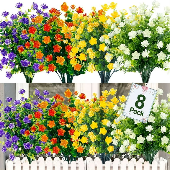 Morttic 8pcs Artificial Flowers, UV Plastic Simulation Flowers Floral Bouquets Outdoor Shrubs Green Plants, For Home Garden Porch Decor (Mixed Color )