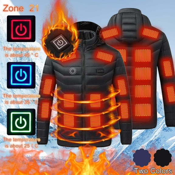 LpwkSSA Men's Heated Puffer Coat Winter Warm Printing Zipper Four Control 21 Areas Heat Heating USB Charging Long Sleeve Hooded Outwear Black XL
