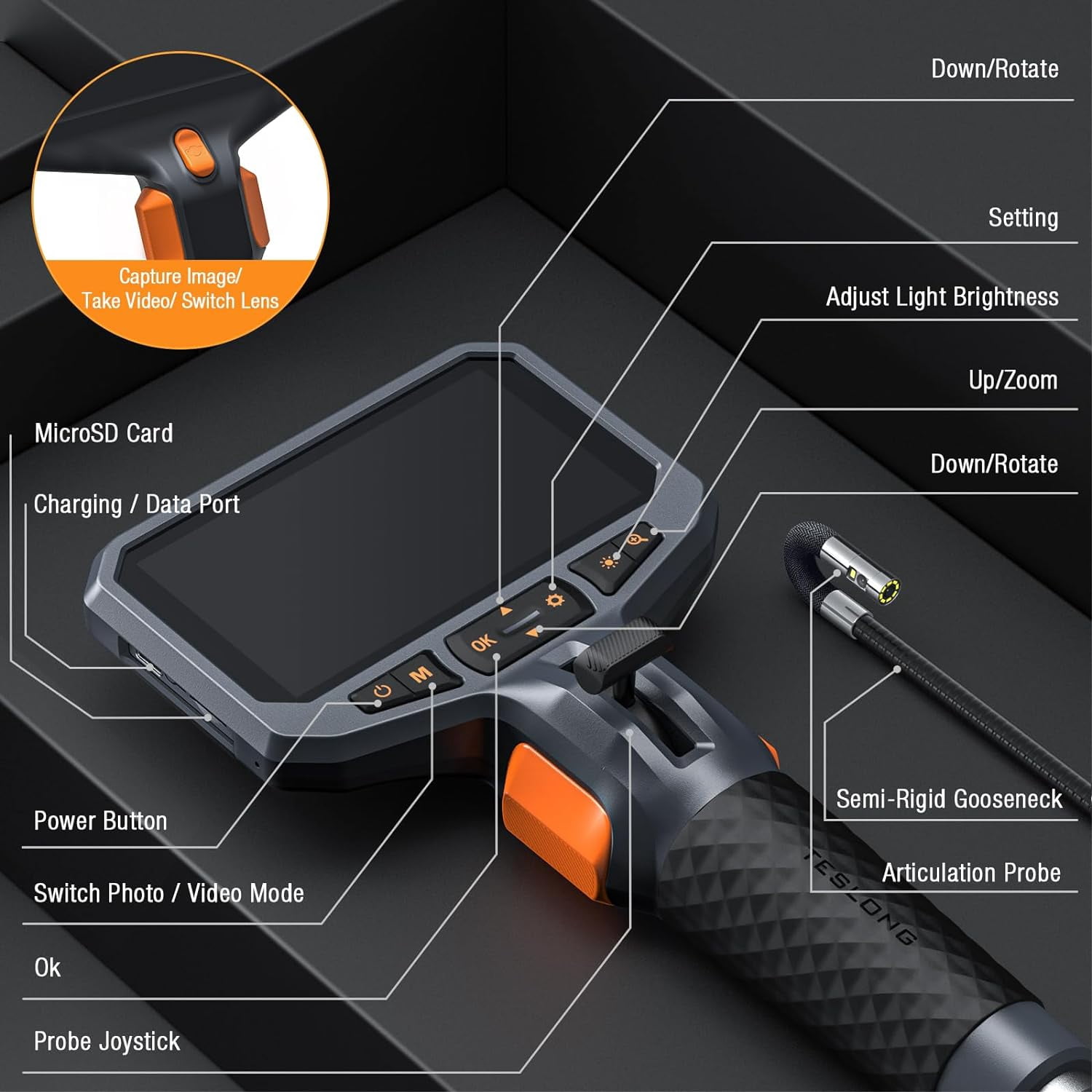Teslong Two-Way Articulating Borescope Inspection Camera 8.5mm Industrial Endoscope Flexible Probe 5FT