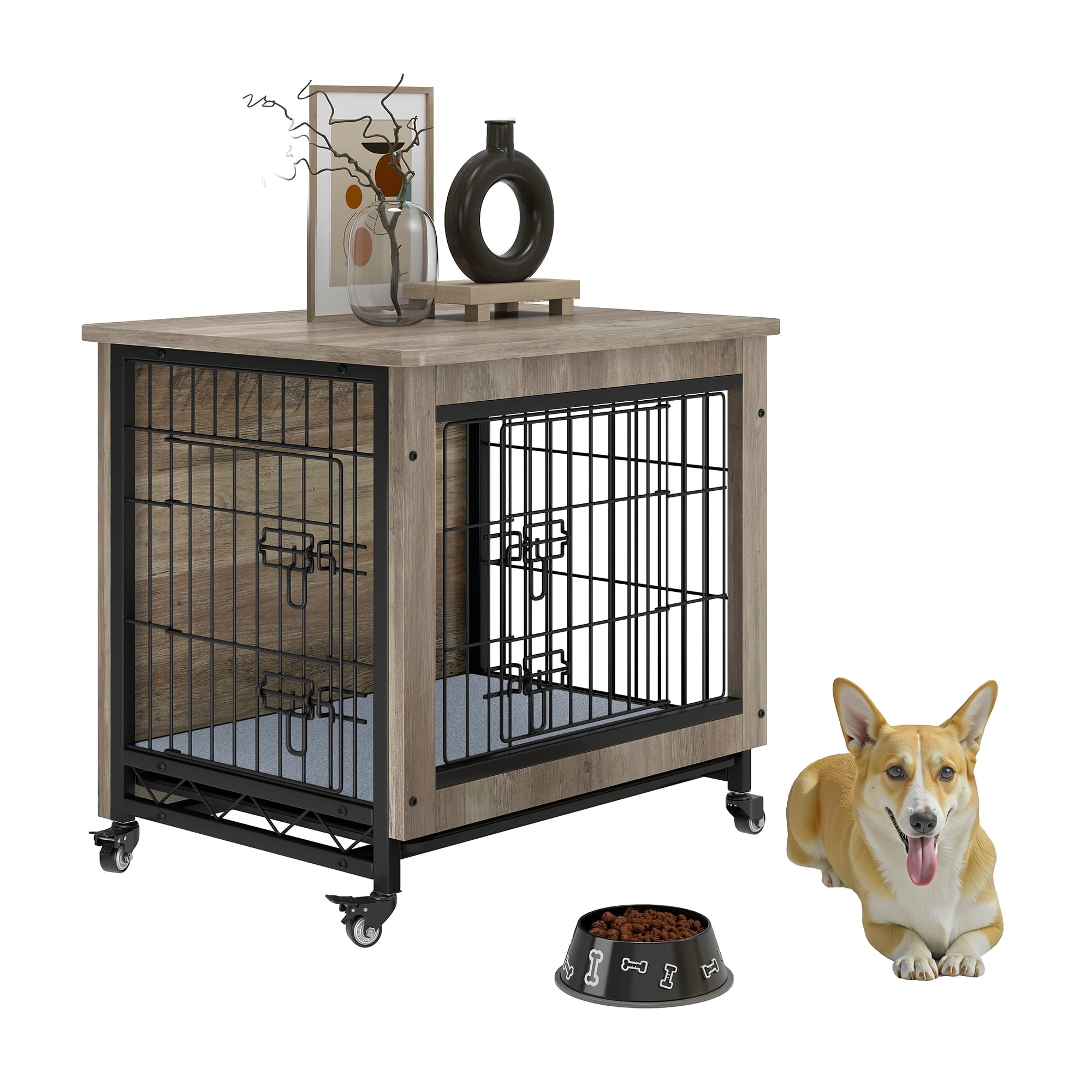 Uforic 27" Dog Crate Furniture with Cushion & Tray, Wooden Indoor Dog Kennel End Table for Small Dogs, Gray
